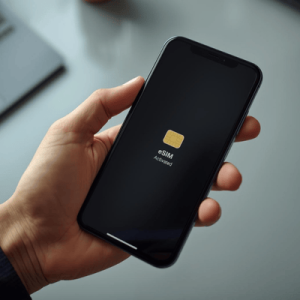 a hand using a smartphone with eSIM activated