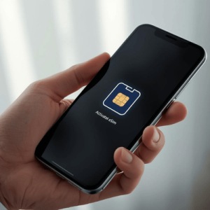 a hand using a smartphone with eSIM activated