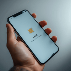 a hand using a smartphone with eSIM activated