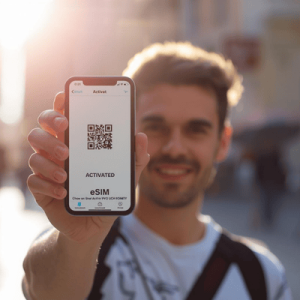 a tourist holding a smartphone with eSIM QR activated