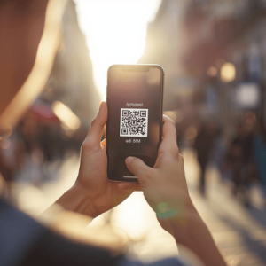 a tourist holding a smartphone with eSIM QR activated