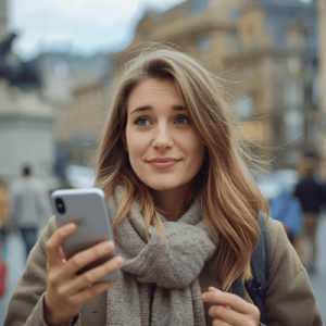 a tourist on international travel holding a smartphone