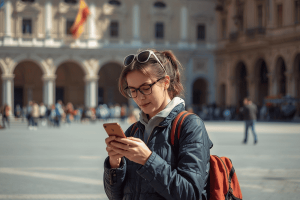 a tourist on international travel holding a smartphone