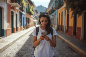 a tourist traveling in Colombia, using a smartphone