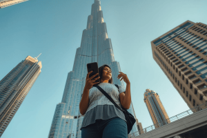 a tourist traveling in Dubai, using a smartphone