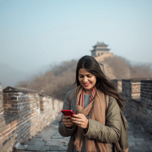 a tourist traveling in Great of Wall of China, using a smartphone