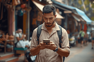 a tourist traveling in Indonesia, using a smartphone