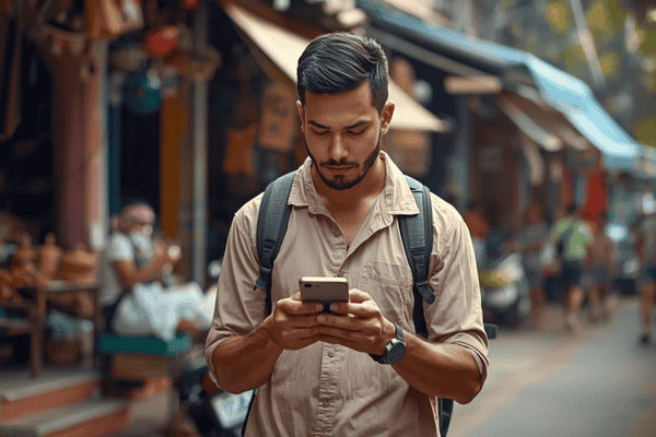 a tourist traveling in Indonesia, using a smartphone