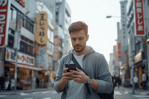 a tourist traveling in Japan, using a smartphone