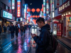 a tourist traveling in Japan, using a smartphone