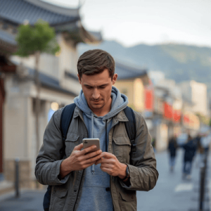 a tourist traveling in Korea, using a smartphone