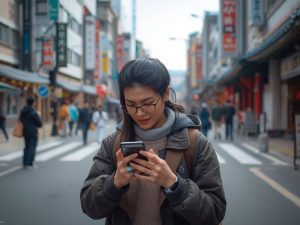 a tourist traveling in Korea, using a smartphone