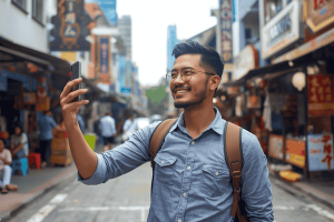 a tourist traveling in Malaysia, using a smartphone