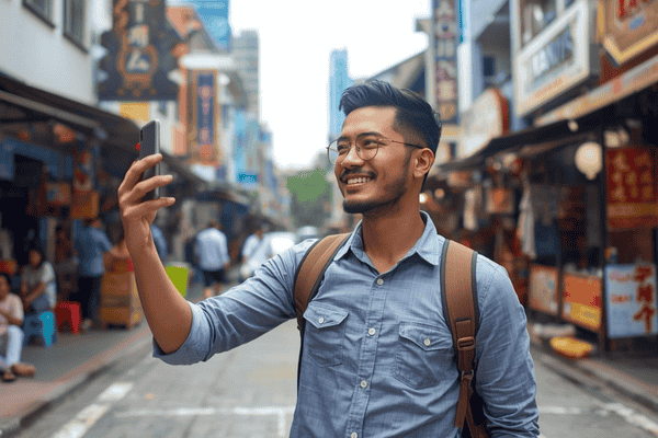 a tourist traveling in Malaysia, using a smartphone