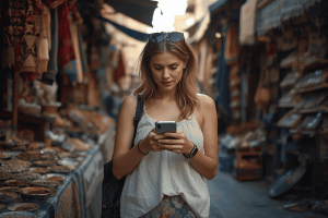 a tourist traveling in Morocco, using a smartphone