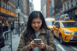 a tourist traveling in New York, using a smartphone