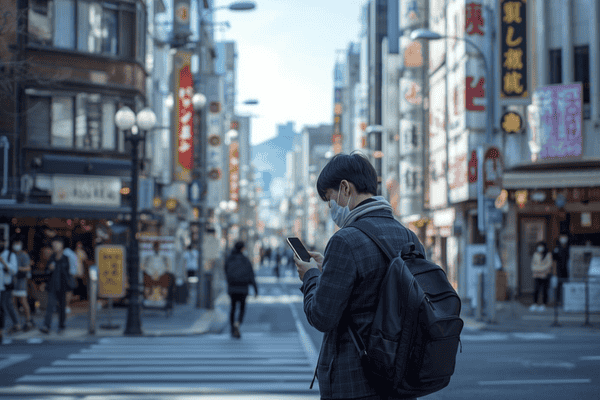 a tourist traveling in Osaka, using a smartphone