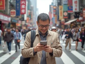 a tourist traveling in Shanghai, using a smartphone