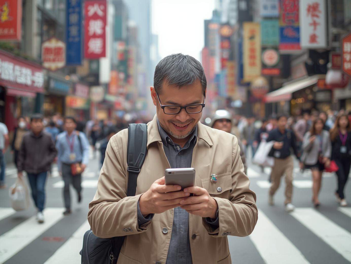 a tourist traveling in Shanghai, using a smartphone