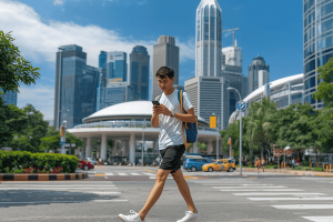a tourist traveling in Singapore, using a smartphone