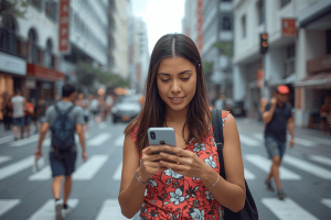 a tourist traveling in Singapore, using a smartphone