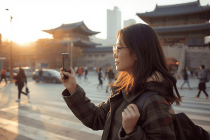 a tourist traveling in South Korea, using a smartphone