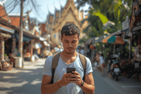 a tourist traveling in Thailand, using a smartphone
