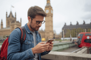 a tourist traveling in United Kingdom, using a smartphone