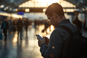 a traveler checking on travel apps on his smartphone