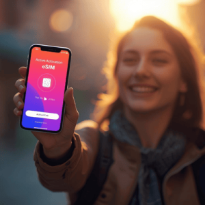 a traveler happily activated smartphone with eSIM