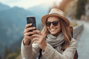 a traveler happily on trip while using smartphone