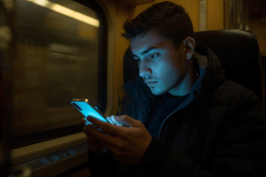a traveler holding a smartphone while onboard