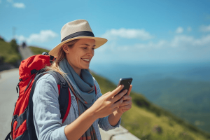a traveler on vacation using smartphone