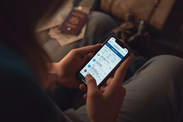 a traveler preparing a trip abroad while using a smartphone