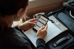 a traveler preparing an international travel while using a smartphone