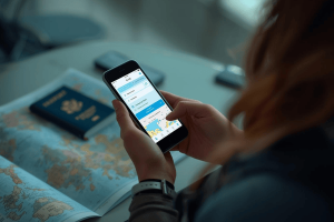 a traveler preparing an international travel while using a smartphone