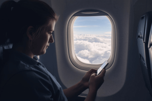 a traveler riding on a plane using a smartphone