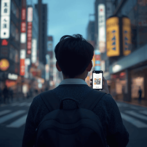 a traveler using a smartphone in Japan with eSIM QR activated