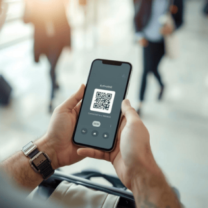 a traveler using a smartphone with eSIM QR activated