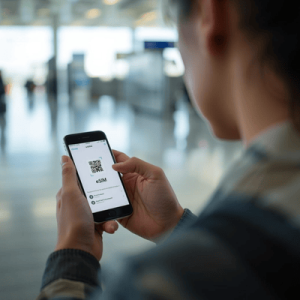 a traveler using a smartphone with eSIM QR activated