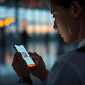 a traveler using a smartphone with eSIM QR activated