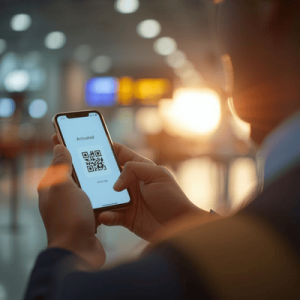 a traveler using a smartphone with eSIM QR activated