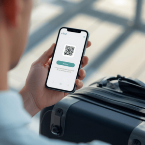 a traveler using a smartphone with eSIM QR activated