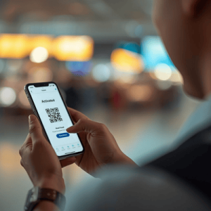 a traveler using a smartphone with eSIM QR activated