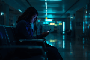 a traveler waiting for flight using a smartphone