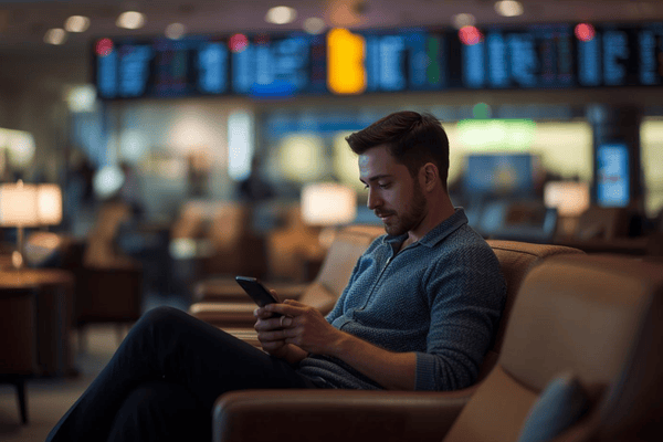 a traveler waiting on airport lounge while using smartphone