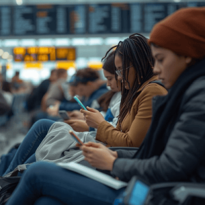 travelers waiting on airport for flight, while some are using smartphone