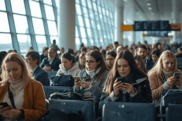 travelers waiting on airport for flight, while some are using smartphone