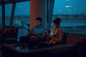two travelers waiting in the airport lounge using their smartphone