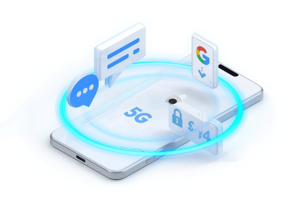3D isometric illustration of a smartphone connected to Saily 5G data with floating travel app icons for navigation and translation.
